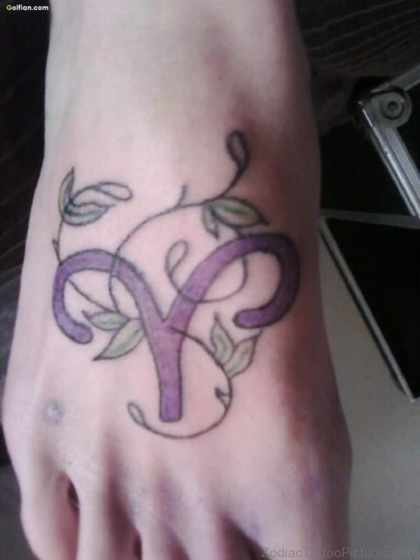 Fantastic Zodiac Aries And Vine Tattoo Made With Purple Ink