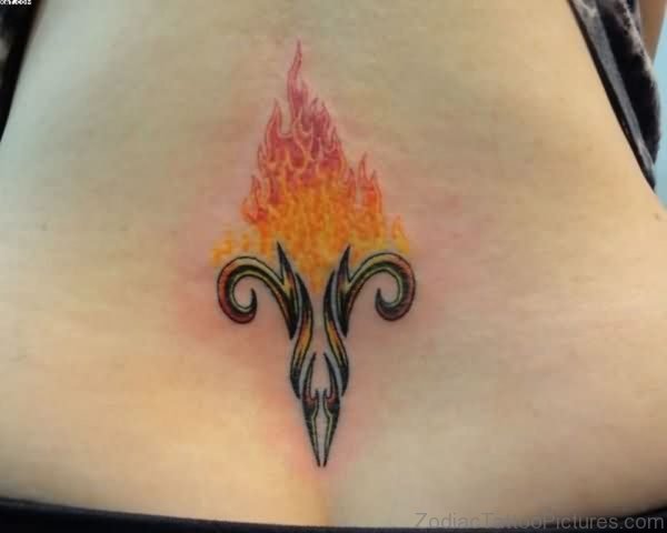 Flaming Aries Symbol Tattoo On Lower Back