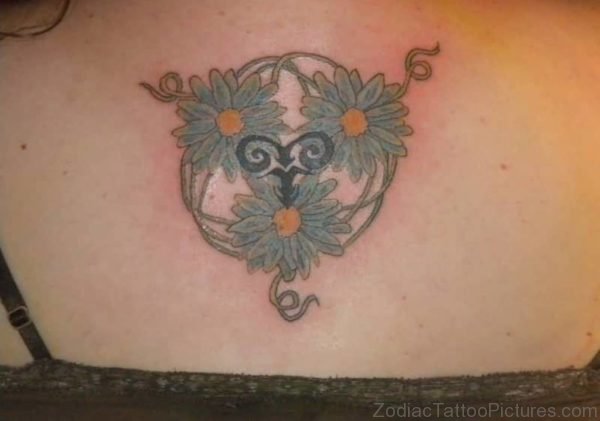 Flower ANd Aries Tattoo On Back