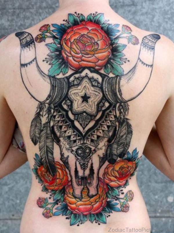 Flower And Taurus Tattoo On Full Back