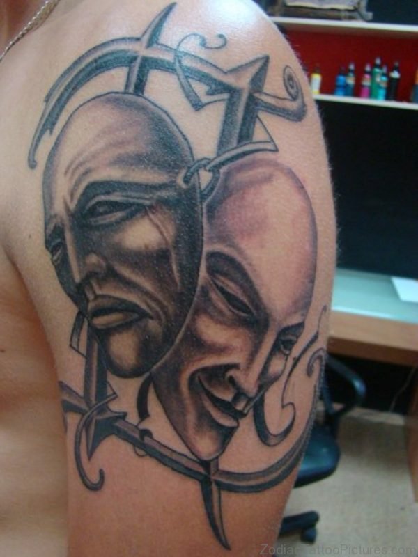 Gemini Symbol And Drama Masks Tattoos On Shoulder