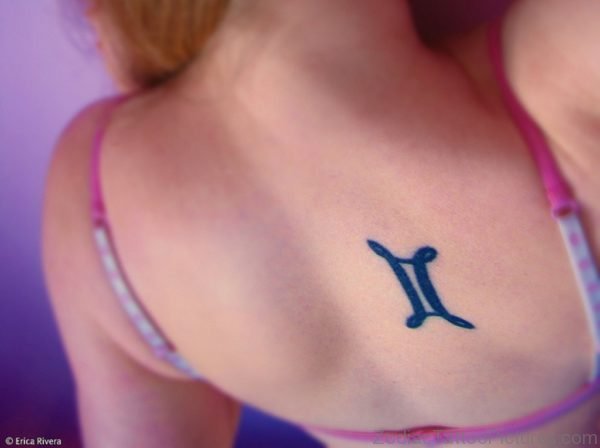Girl With Zodiac Gemini Tattoo On Right Back Shoulder