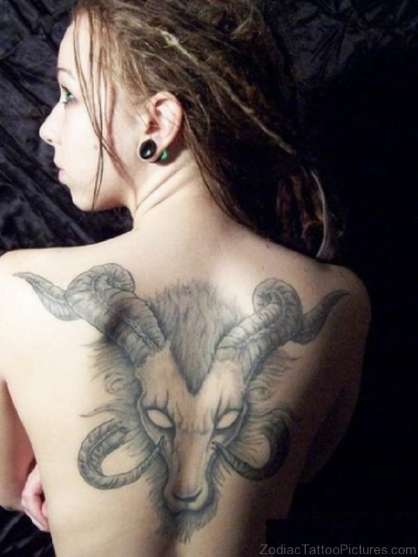 Grey Ink Aries Back Body Tattoo