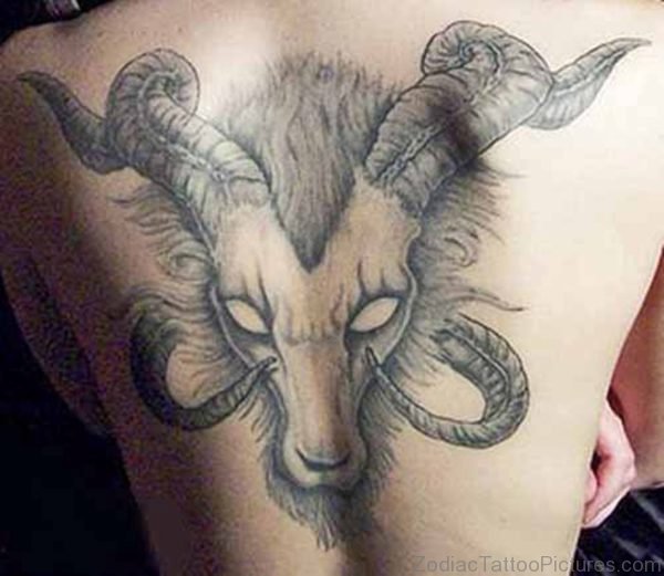 Grey Ink Aries Tattoo On Back For Men