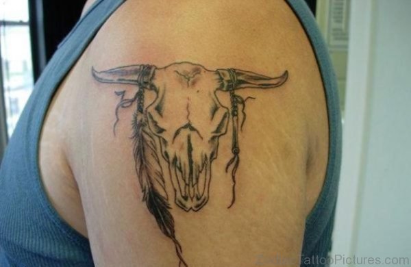 Grey Ink Bull Head Taurus Tattoo On Left Shoulder