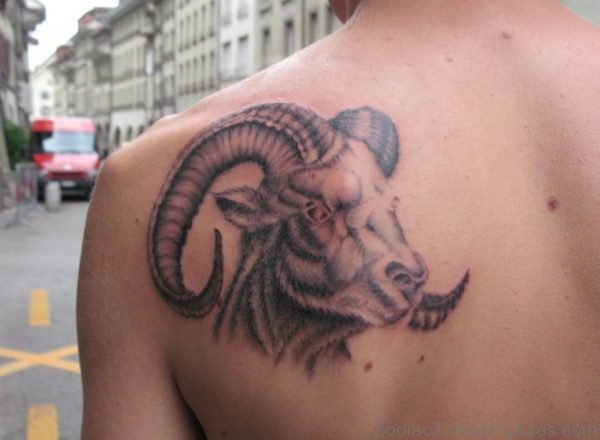 Grey Ink Capricorn Shoulder Tattoo