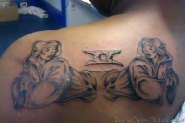 Grey Ink Gemini Tattoos On Left Back Shoulder