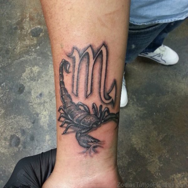 Grey Ink Scorpio Zodiac Symbols Tattoo On Wrist