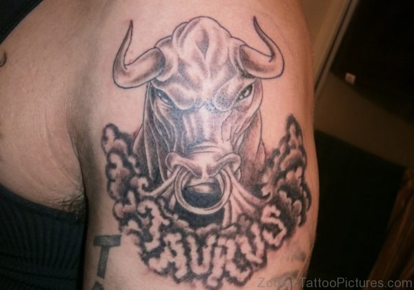 Grey Ink Taurus Tattoo On Biceps For Girls