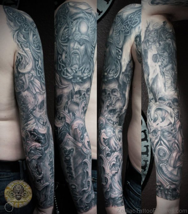 Grey Viking Tattoo On Full Sleeve