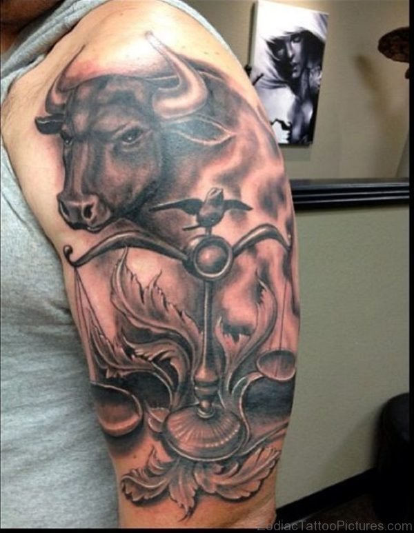 Half Sleeve Taurus And Libra Scales Tattoo