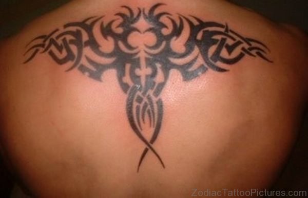 Large Tribal Aries Tattoo Design On Upper Back