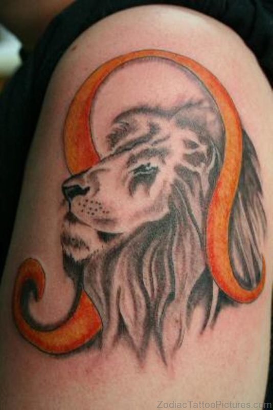 Lion Head With Leo Symbol Tattoo Design For Shoulder
