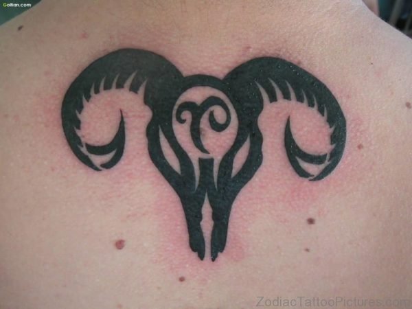 Marvelous Black Aries Tattoo On Back.
