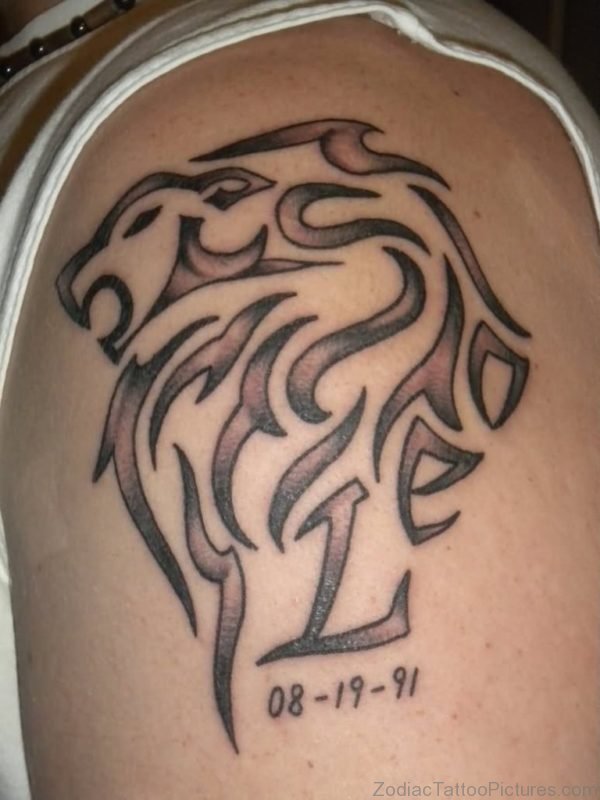 Memorial Tribal Zodiac Leo Tattoo Design For Shoulder