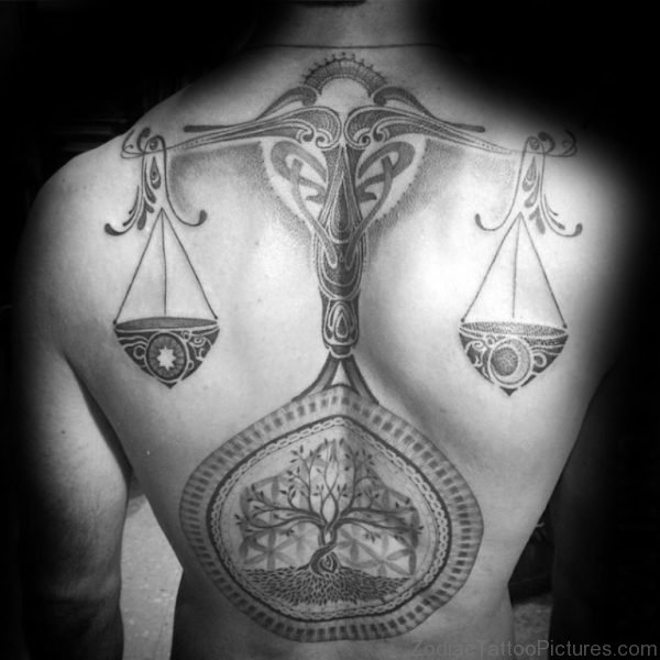 Mens Shaded Tree Of Life Libra Back Tattoo