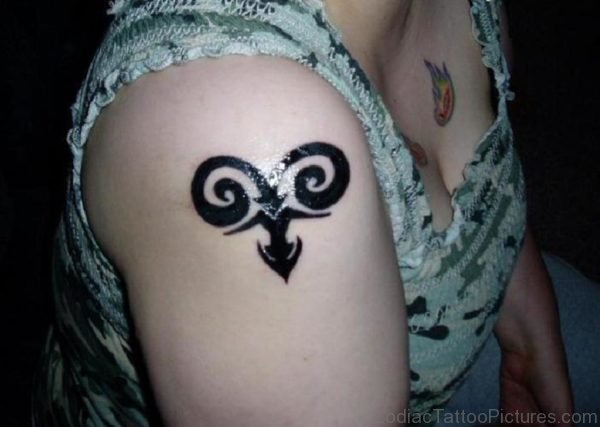 Nice Black Aries Shoulder Tattoo 