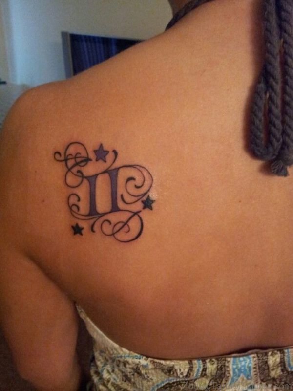 Nice Stars And Gemini Zodiac Tattoo On Back Shoulder