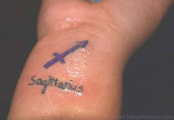 Purple Ink Arrow And Sagittarius Tattoo On Wrist 