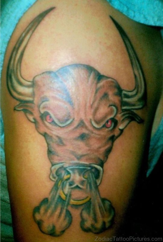 Raging Bull Head Tattoo On Right Shoulder