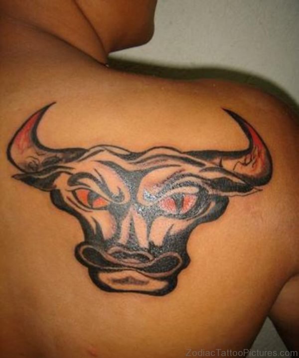 Red Colored Taurus Tattoo On Right Back Shoulder For Men
