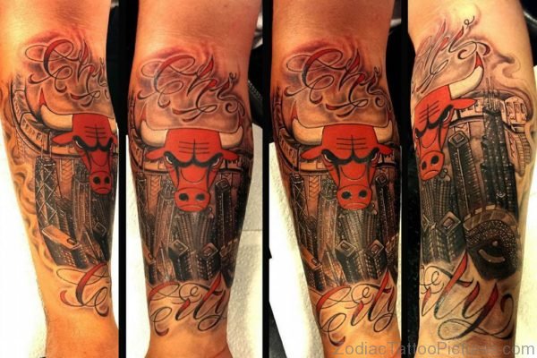 Red Taurus Tattoo On Leg