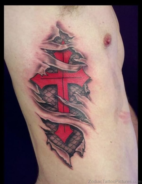 Ripped Skin 3D Red Cross Tattoo On Side Rib