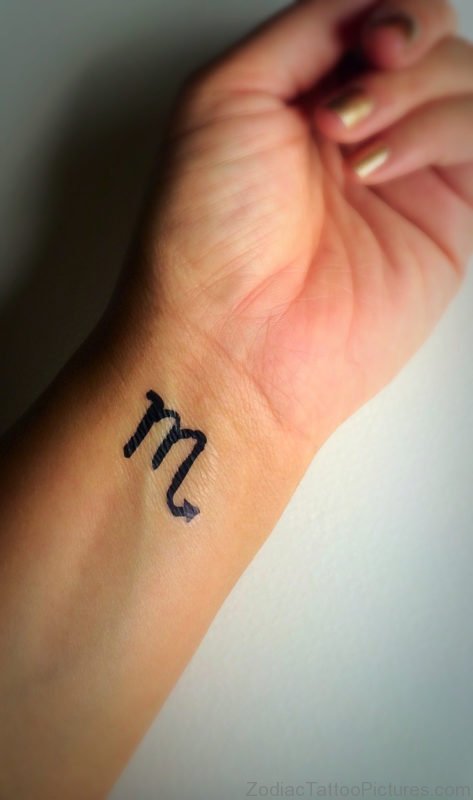 Simple Black Scorpio Zodiac Sign Tattoo On Girl Left Wrist