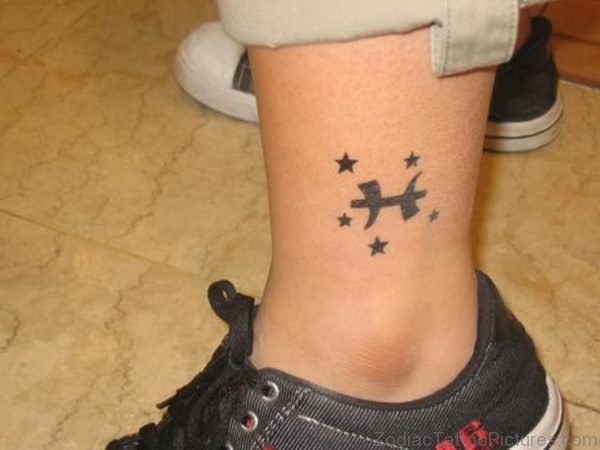 Smaal Pisces Zodiac Tattoo On Ankle With Stars