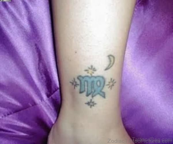 Small Blue Ink Virgo Zodiac Tattoo For Ankle