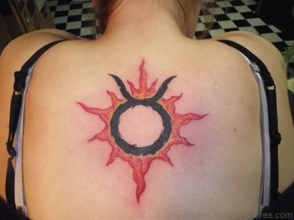 Sun And Taurus Tattoo On Back