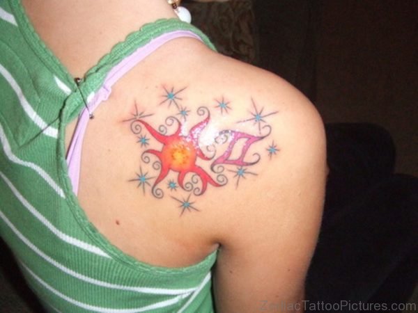 Tribal Sun and Gemini Tattoo on Back Shoulder