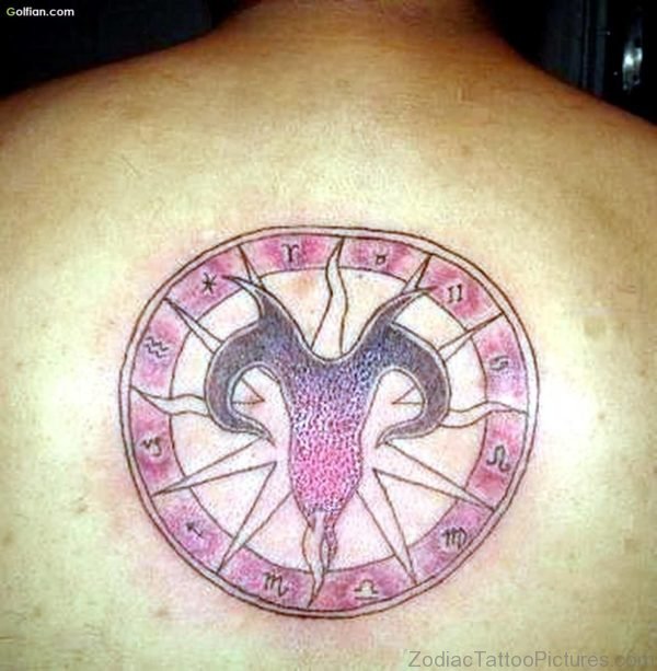 Wonderful Round Aries Zodiac Tattoo On Upper Back