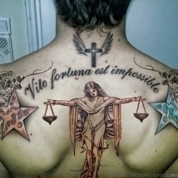 Wording And Libra Tattoo On Back