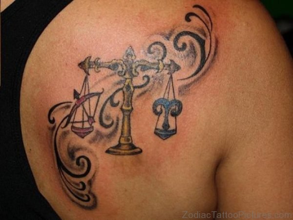 Zodiac Libra Tattoo On Back Shoulder