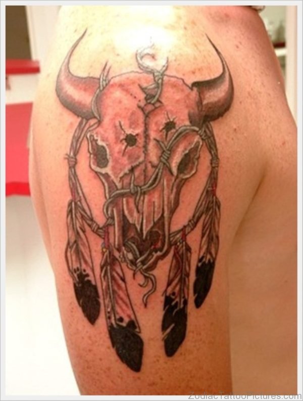 Zodiac Taurus Bull Skull Tattoo On Right Shoulder